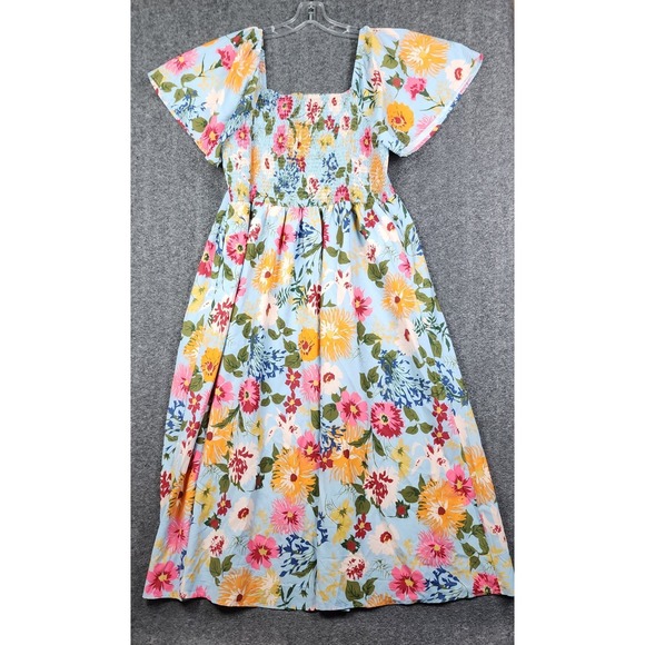 BloomChic Dresses & Skirts - BloomChic Floral Maxi Dress Women Size 18-20 Blue Smocked Square Neck Pockets